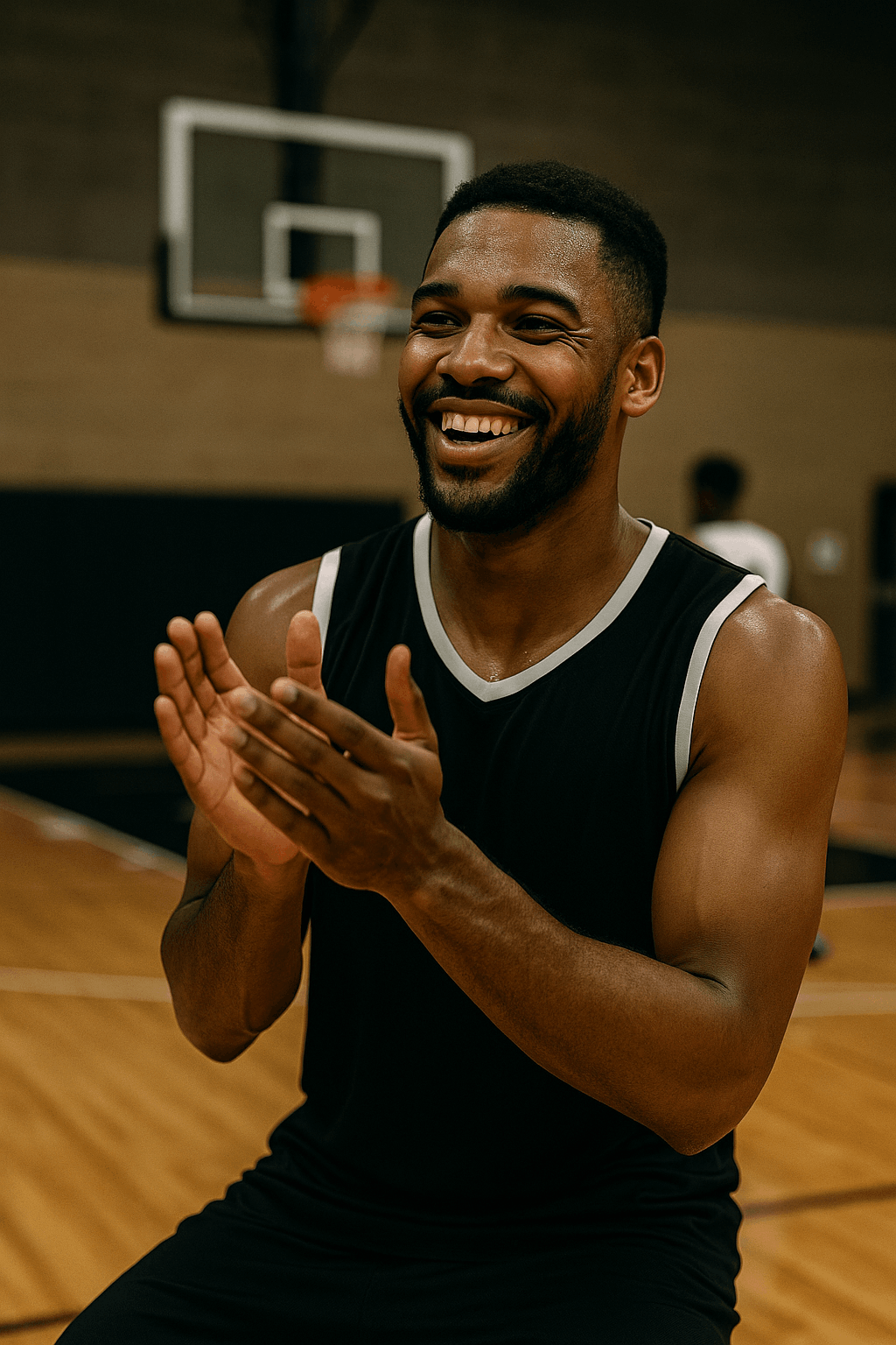 Joueur de basketball satisfait après un match sans blessure grâce à la prévention