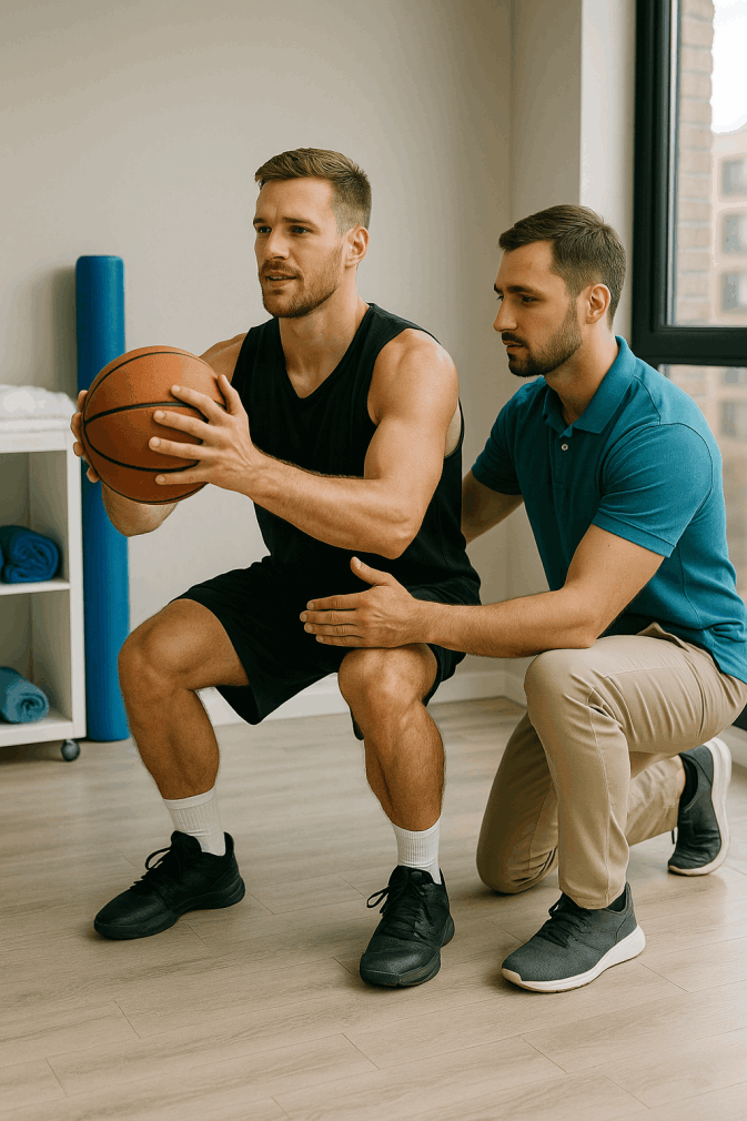 Kinésithérapeute montrant un exercice de squat à un basketteur