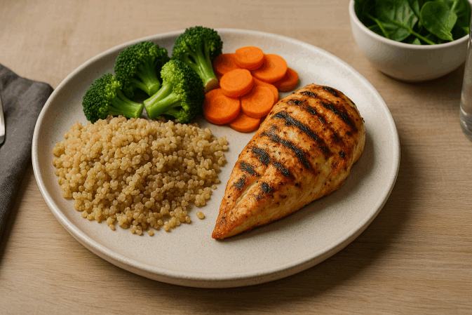 Repas équilibré pour sportifs – assiette colorée riche en protéines