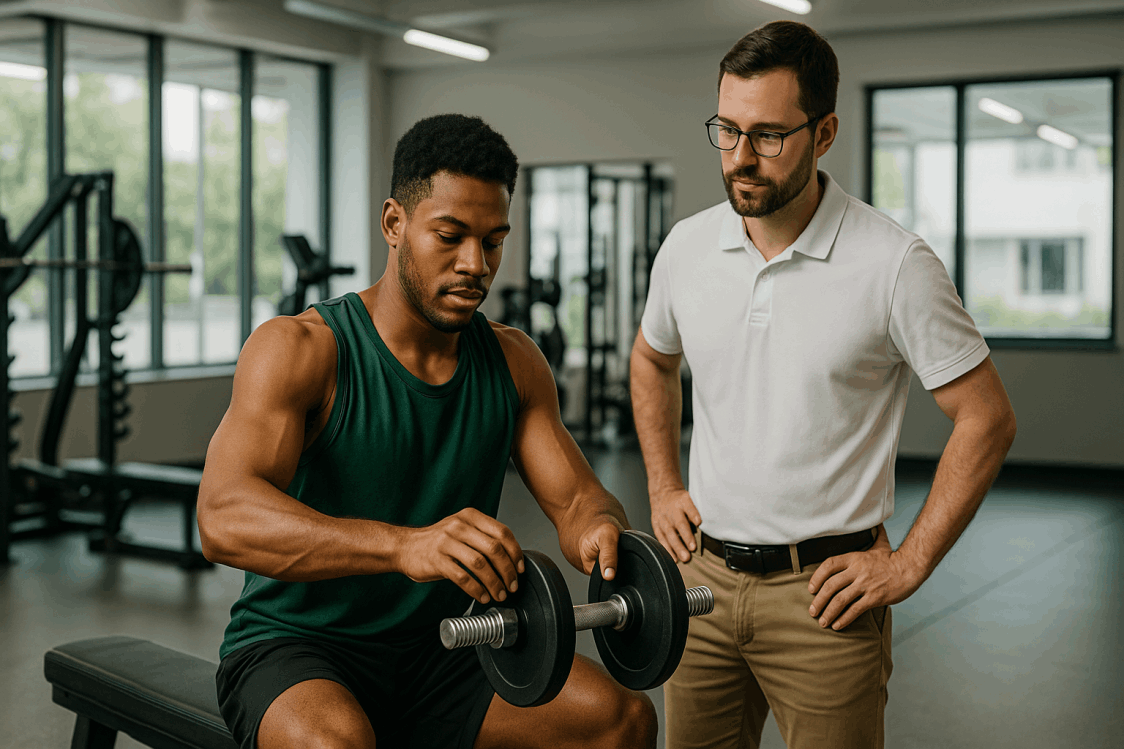 Sportif ajustant des haltères sous la supervision d’un kinésithérapeute.